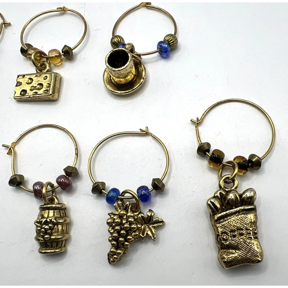 LOT of 10 Vintage Wine Glass Charms Gold Tone Metal Variety Themes